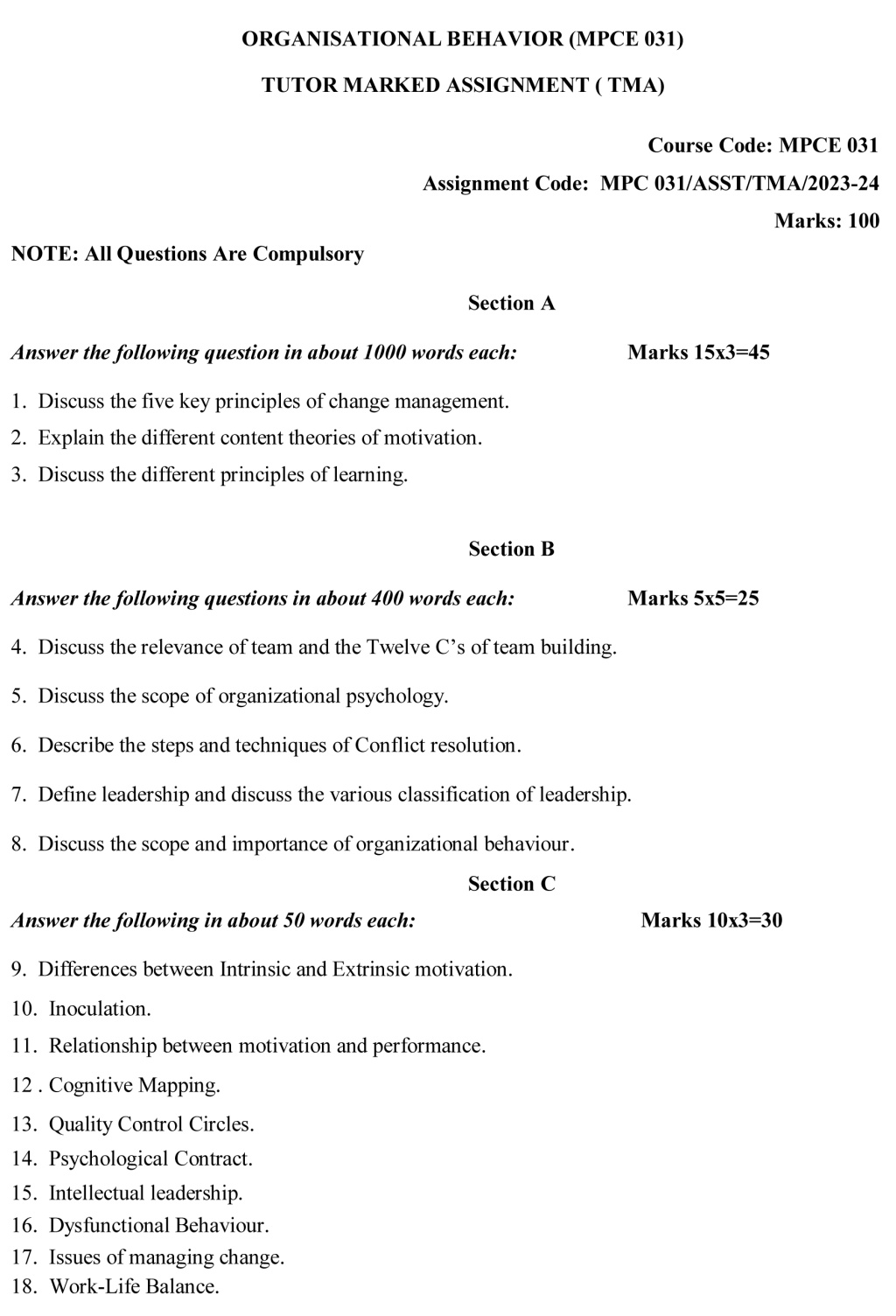 IGNOU MPCE-31 - Organisational Behaviour Latest Solved Assignment-July 2023 - January 2024