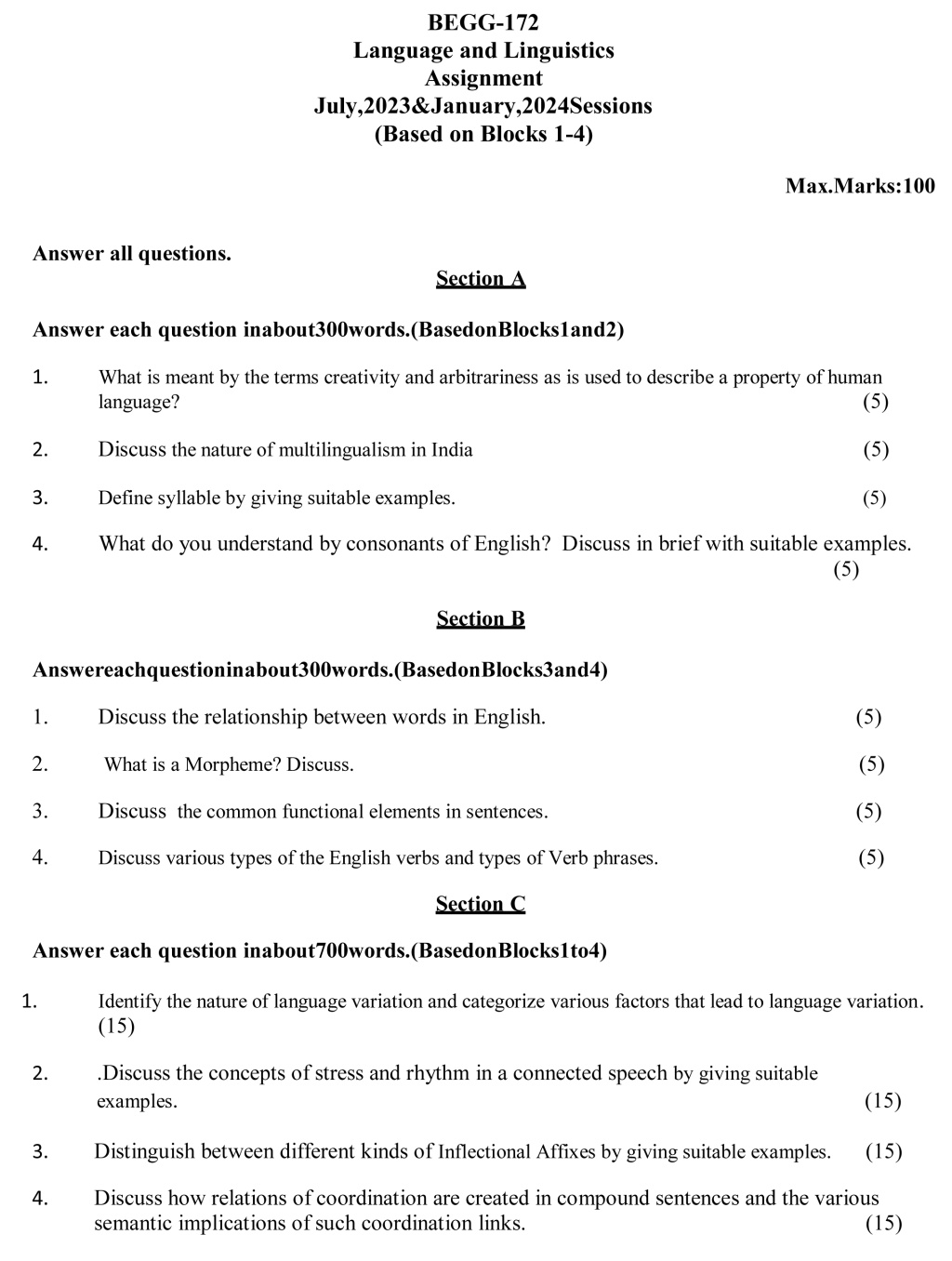 IGNOU BEGG-172 - Language and Linguistics Latest Solved Assignment-July 2023 - January 2024