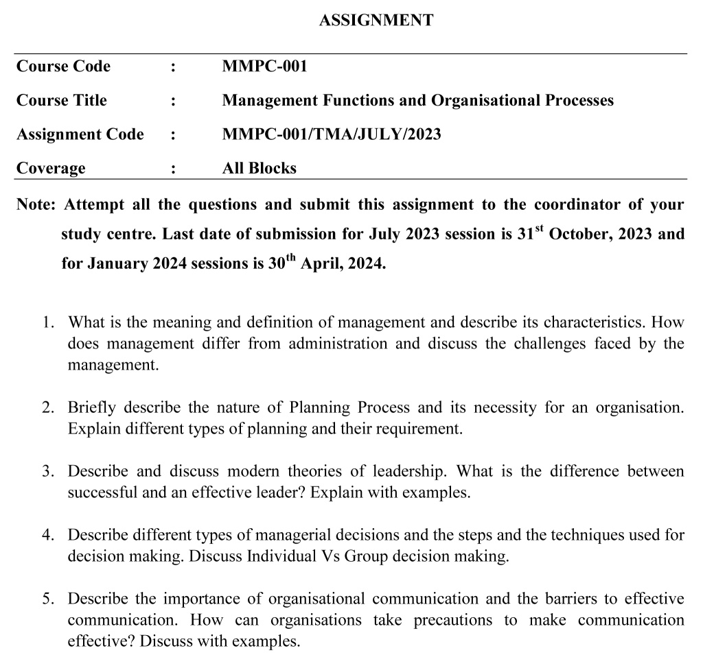 IGNOU MMPC-01 - Management Functions and Organisational Processes, Latest Solved Assignment-July 2023 - January 2024