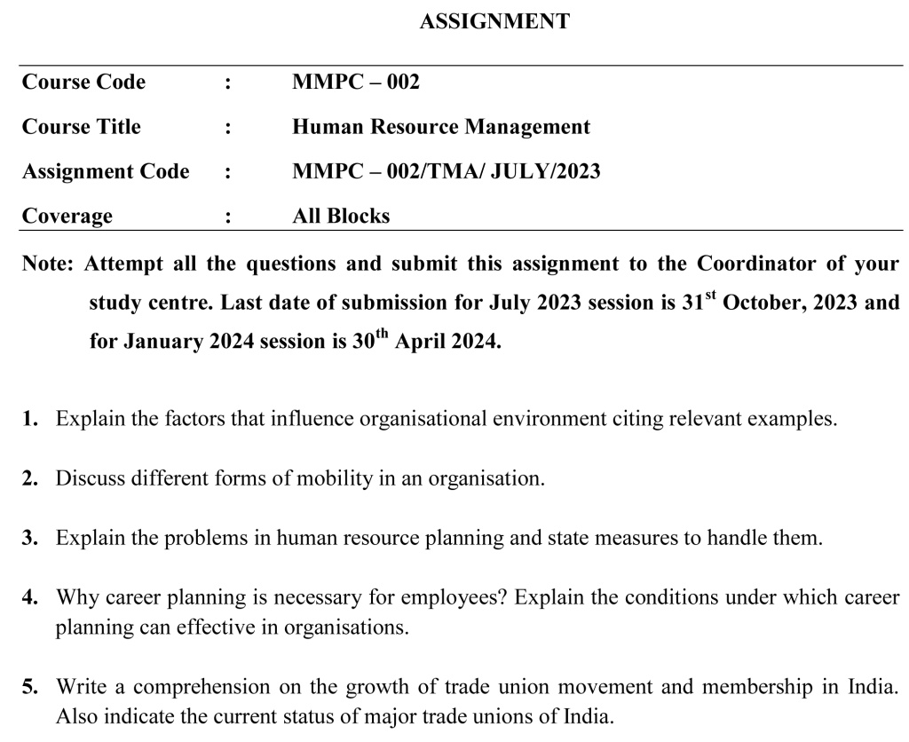 IGNOU MMPC-02 - Human Resources Management, Latest Solved Assignment-July 2023 - January 2024