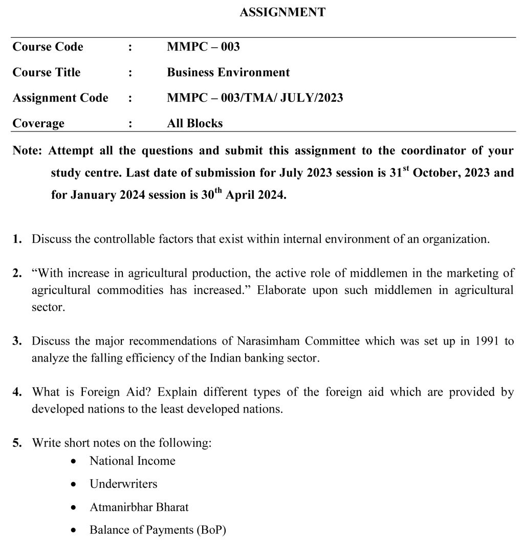 IGNOU MMPC-03 - Business Environment, Latest Solved Assignment-July 2023 - January 2024