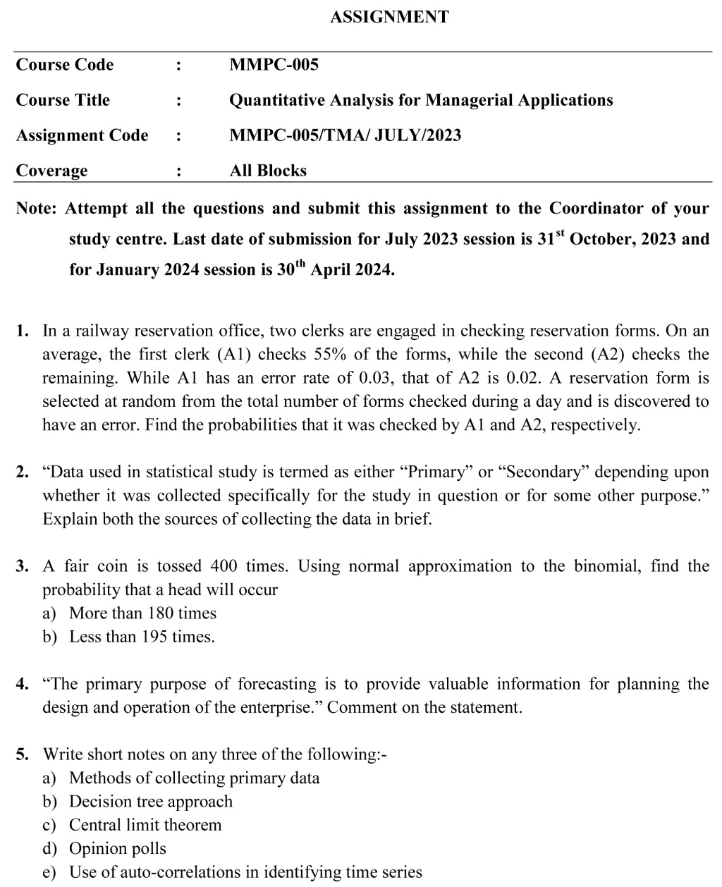 IGNOU MMPC-05 - Quantitative Analysis for Managerial Applications, Latest Solved Assignment-July 2023 - January 2024