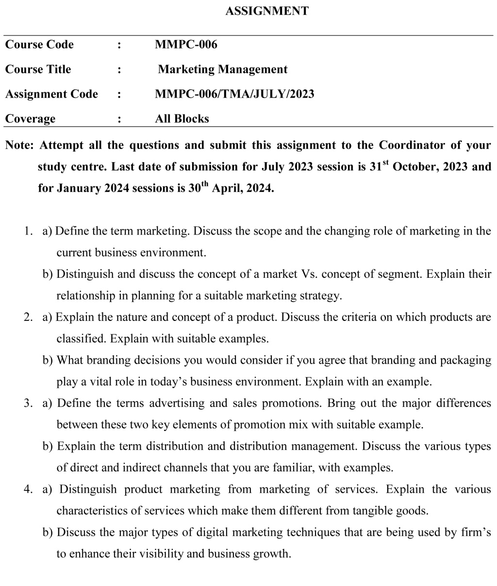 IGNOU MMPC-06 - Marketing Management, Latest Solved Assignment-July 2023 - January 2024