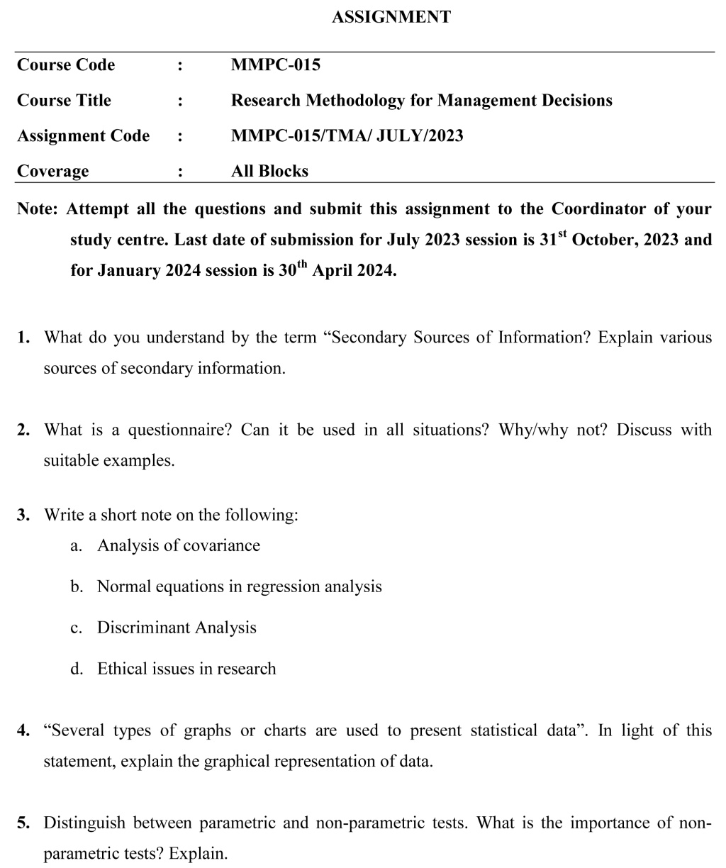 IGNOU MMPC-15 - Research Methodology for Management Decisions Latest Solved Assignment-July 2023 - January 2024