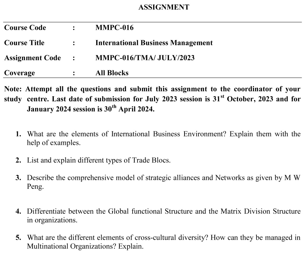 IGNOU MMPC-16 - International Business Management  Latest Solved Assignment-July 2023 - January 2024