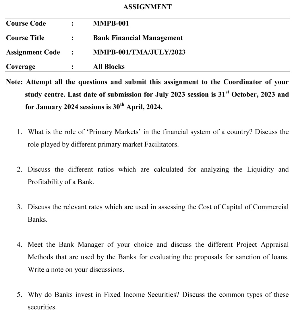 IGNOU MMPB-01 - Bank Financial Management Latest Solved Assignment-July 2023 - January 2024