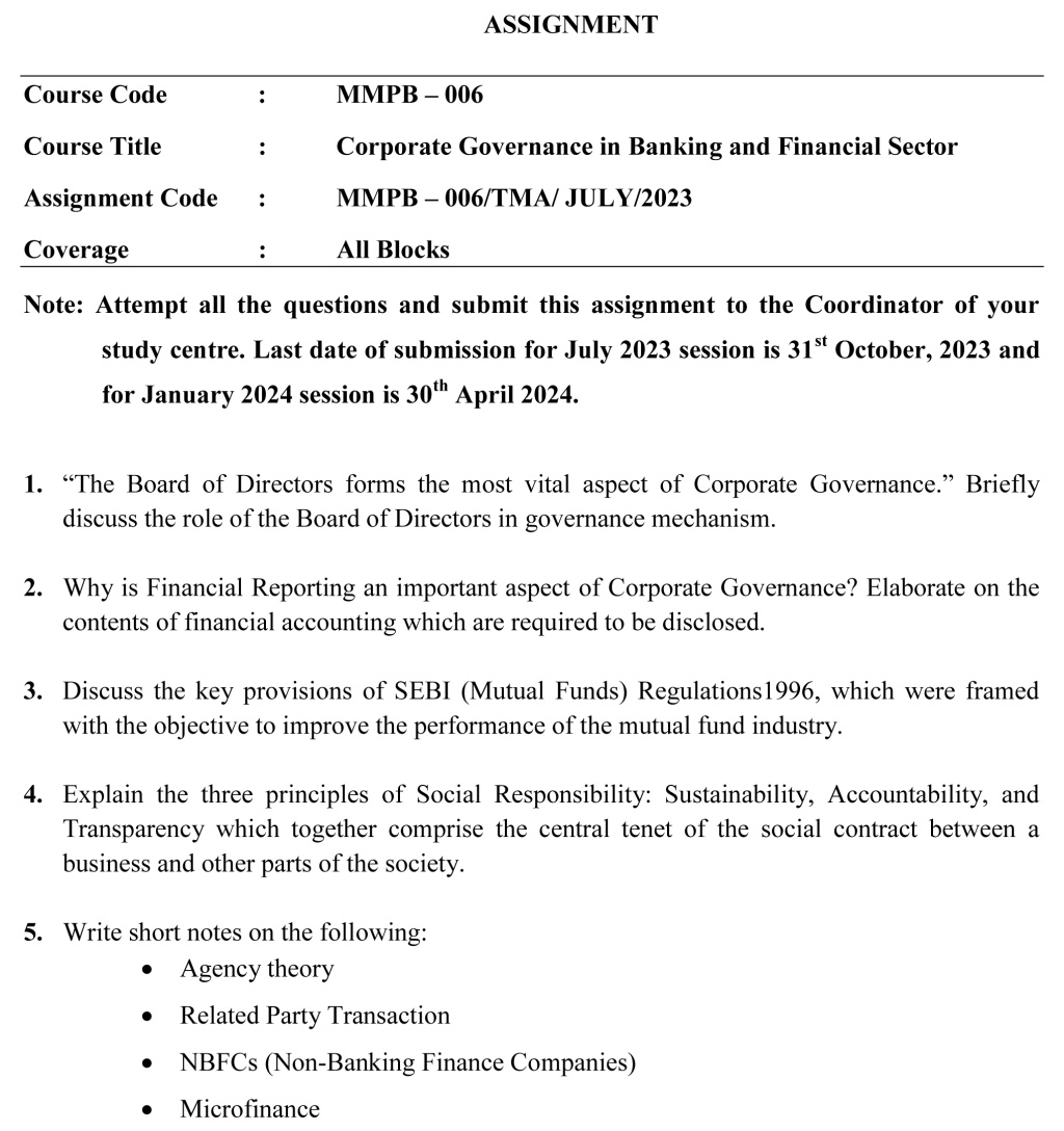 IGNOU MMPB-06 - Corporate Governance in Banking and Financial Sector Latest Solved Assignment-July 2023 - January 2024