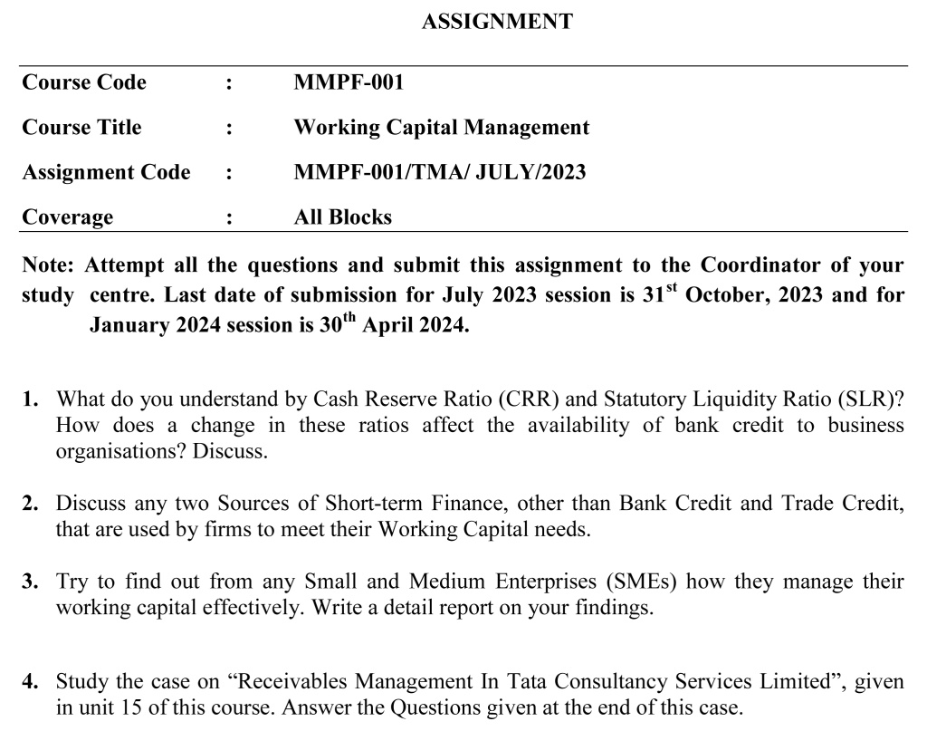 IGNOU MMPF-01 - Working Capital Management  Latest Solved Assignment-July 2023 - January 2024