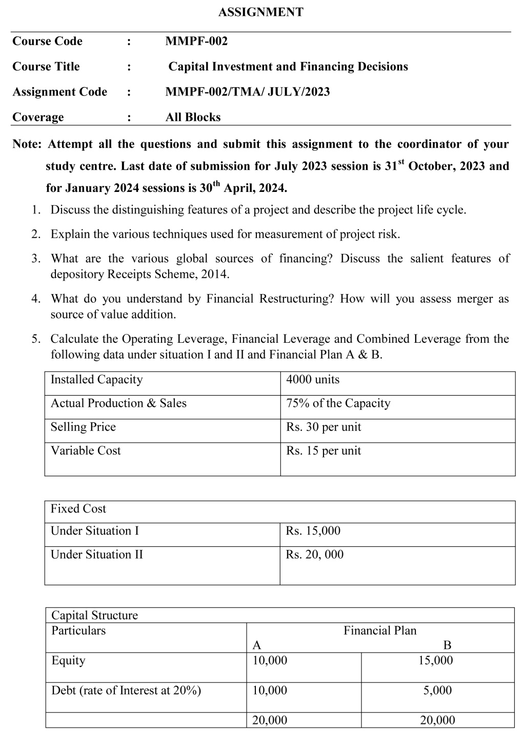 IGNOU MMPF-02 - Capital Investment and Financing Decisions Latest Solved Assignment-July 2023 - January 2024