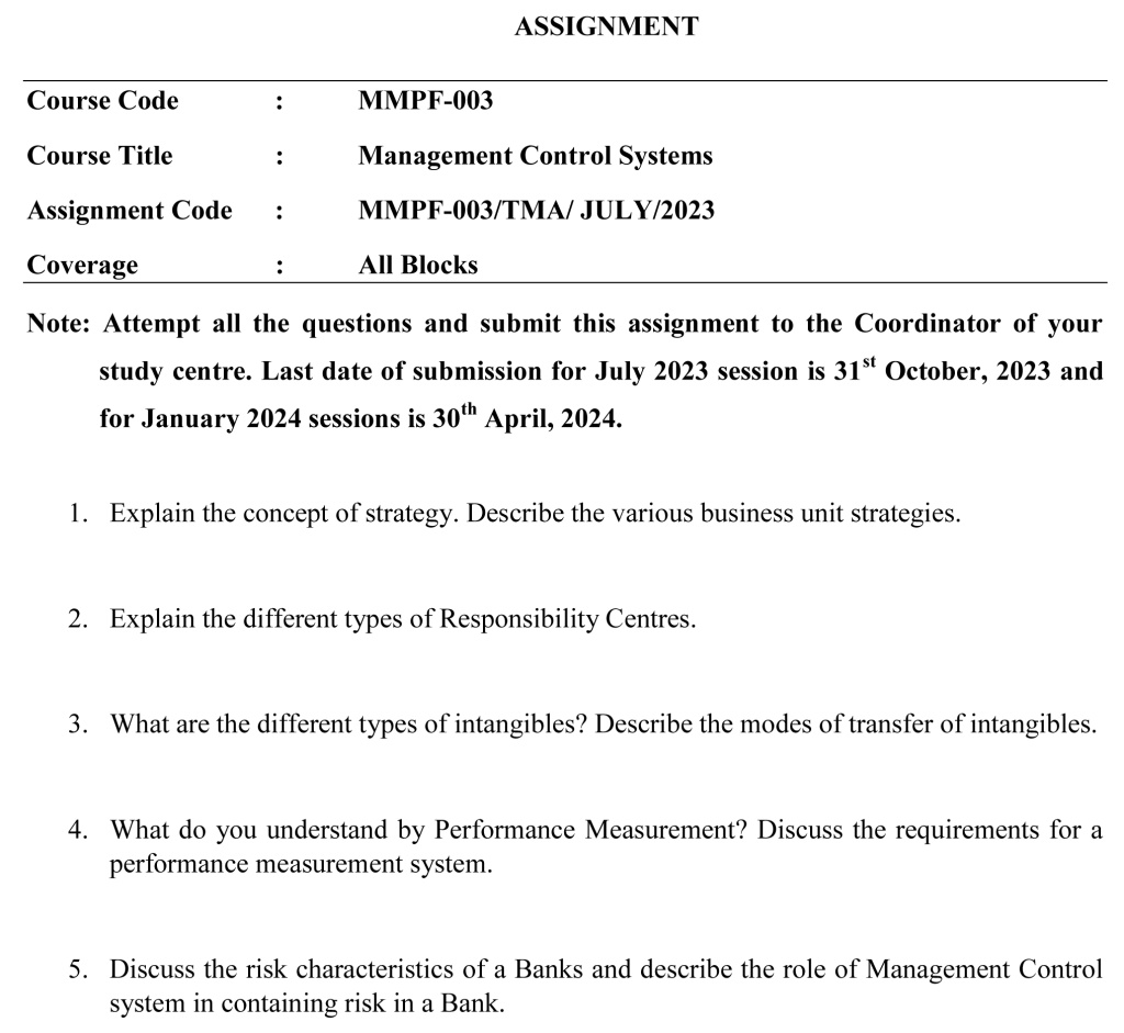 IGNOU MMPF-03 - Management Control Systems  Latest Solved Assignment-July 2023 - January 2024