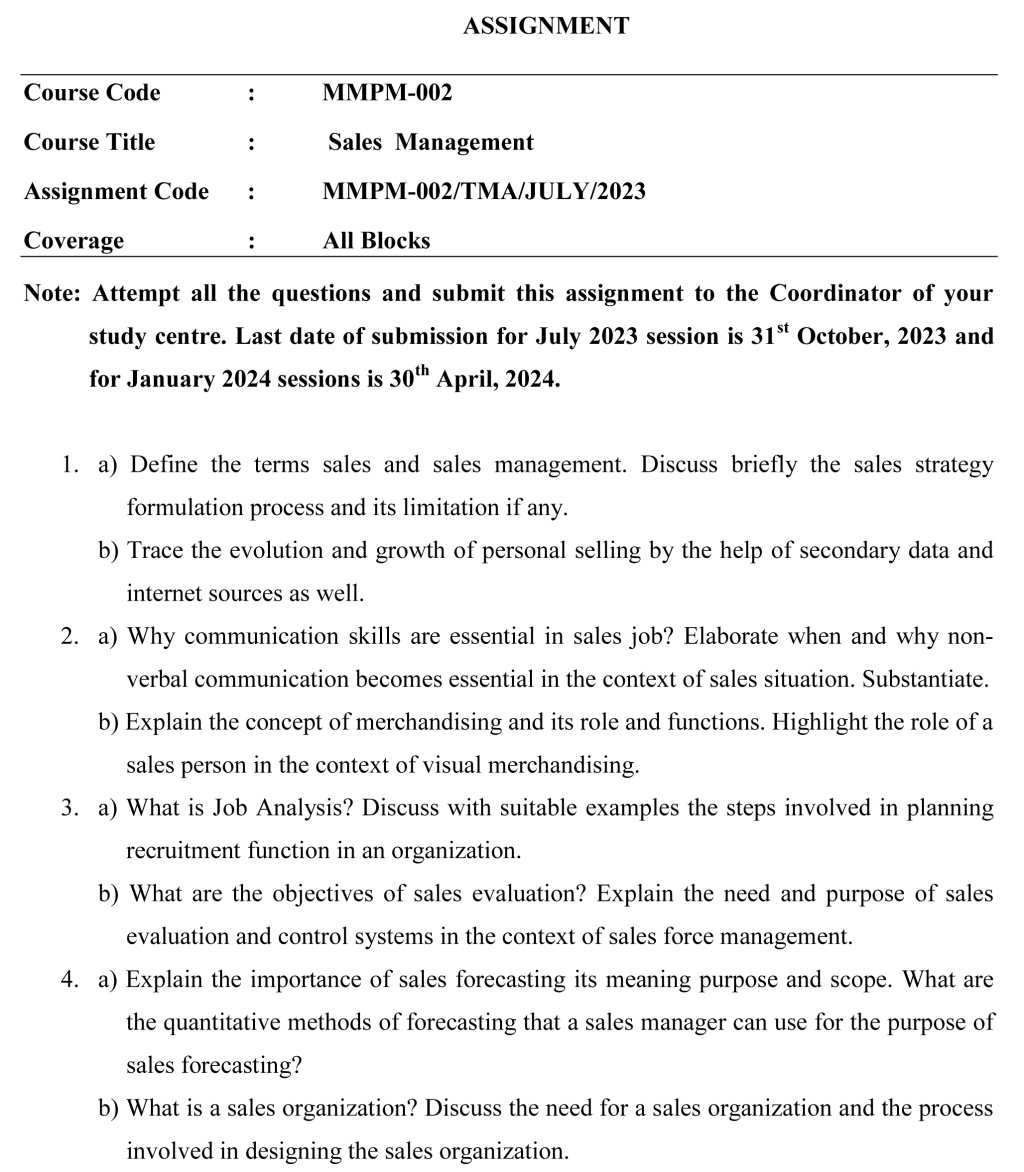 IGNOU MMPM-02 - Sales Management Latest Solved Assignment-July 2023 - January 2024