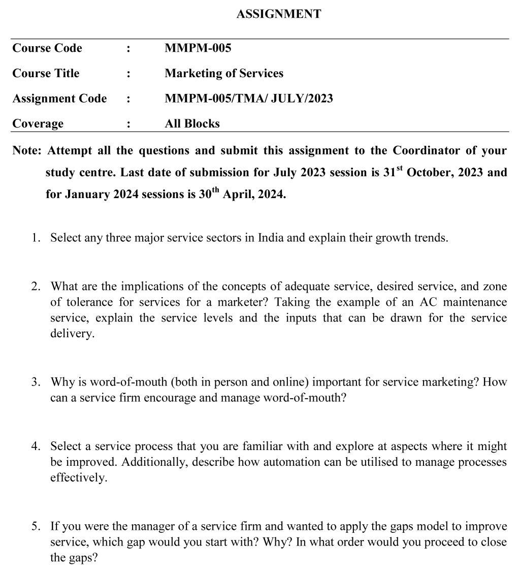 IGNOU MMPM-05 - Marketing of Services Latest Solved Assignment-July 2023 - January 2024