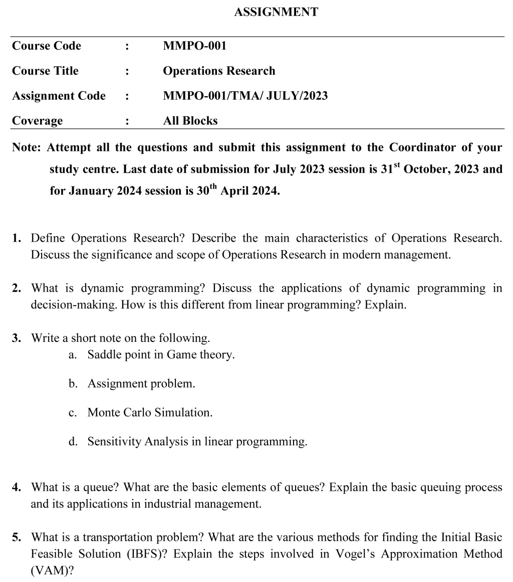 IGNOU MMPO-01 - Operations Research Latest Solved Assignment-July 2023 - January 2024