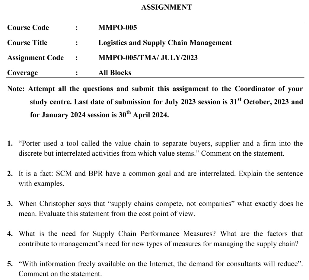 IGNOU MMPO-05 - Logistics and Supply Chain Management Latest Solved Assignment-July 2023 - January 2024