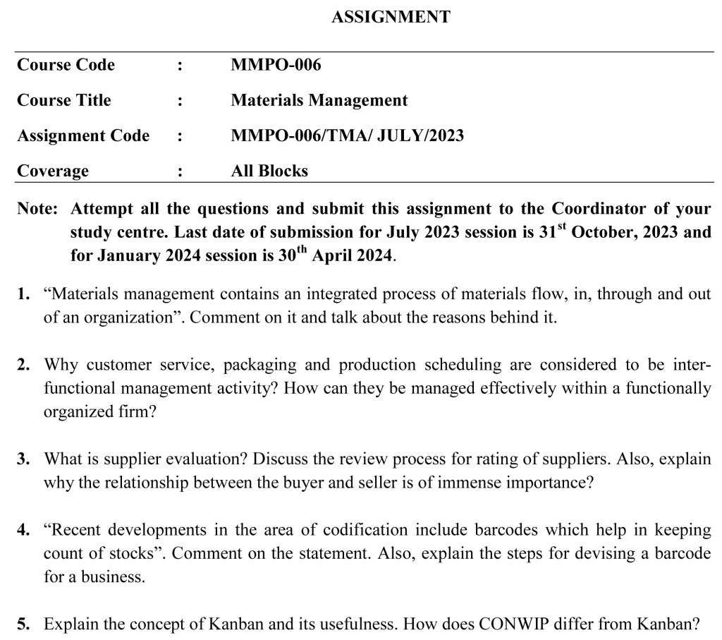 IGNOU MMPO-06 - Material Management Latest Solved Assignment-July 2023 - January 2024