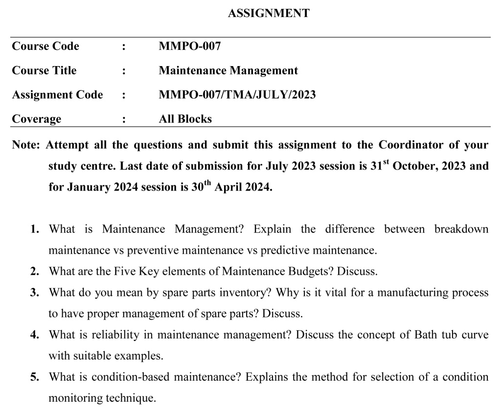 IGNOU MMPO-07 - Maintenance Management Latest Solved Assignment-July 2023 - January 2024