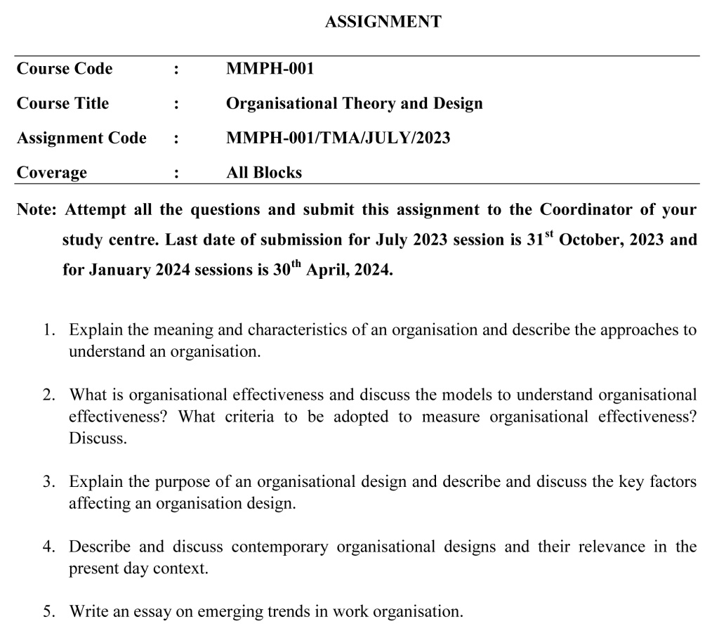 IGNOU MMPH-01 - Organisational Theory and Design Latest Solved Assignment -July 2023 - January 2024