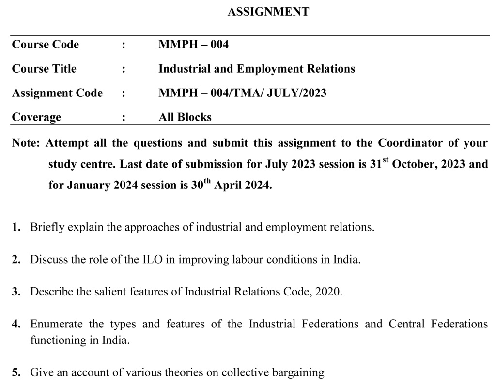 IGNOU MMPH-04 - Industrial and Employment Relations Latest Solved Assignment-July 2023 - January 2024