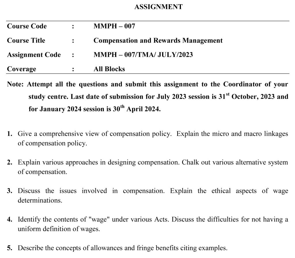 IGNOU MMPH-07 - Compensation and Rewards Management Latest Solved Assignment-July 2023 - January 2024