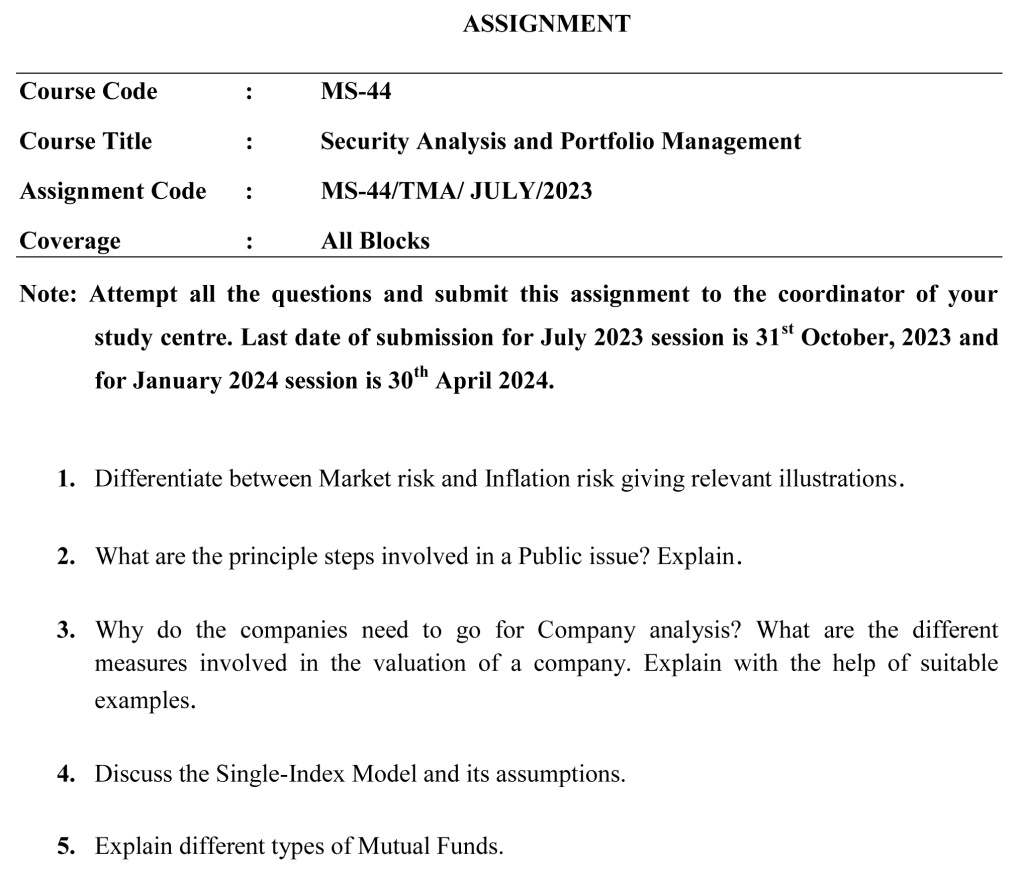 IGNOU MS-44 - Security Analysis and Portfolio Management Latest Solved Assignment-July 2023 - January 2024