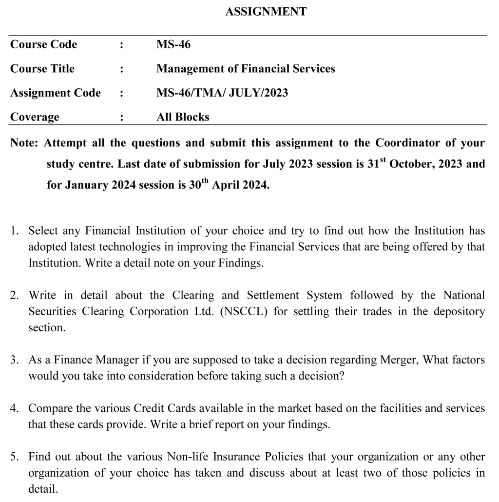 IGNOU MS-46 - Management of Financial Services Latest Solved Assignment-July 2023 - January 2024