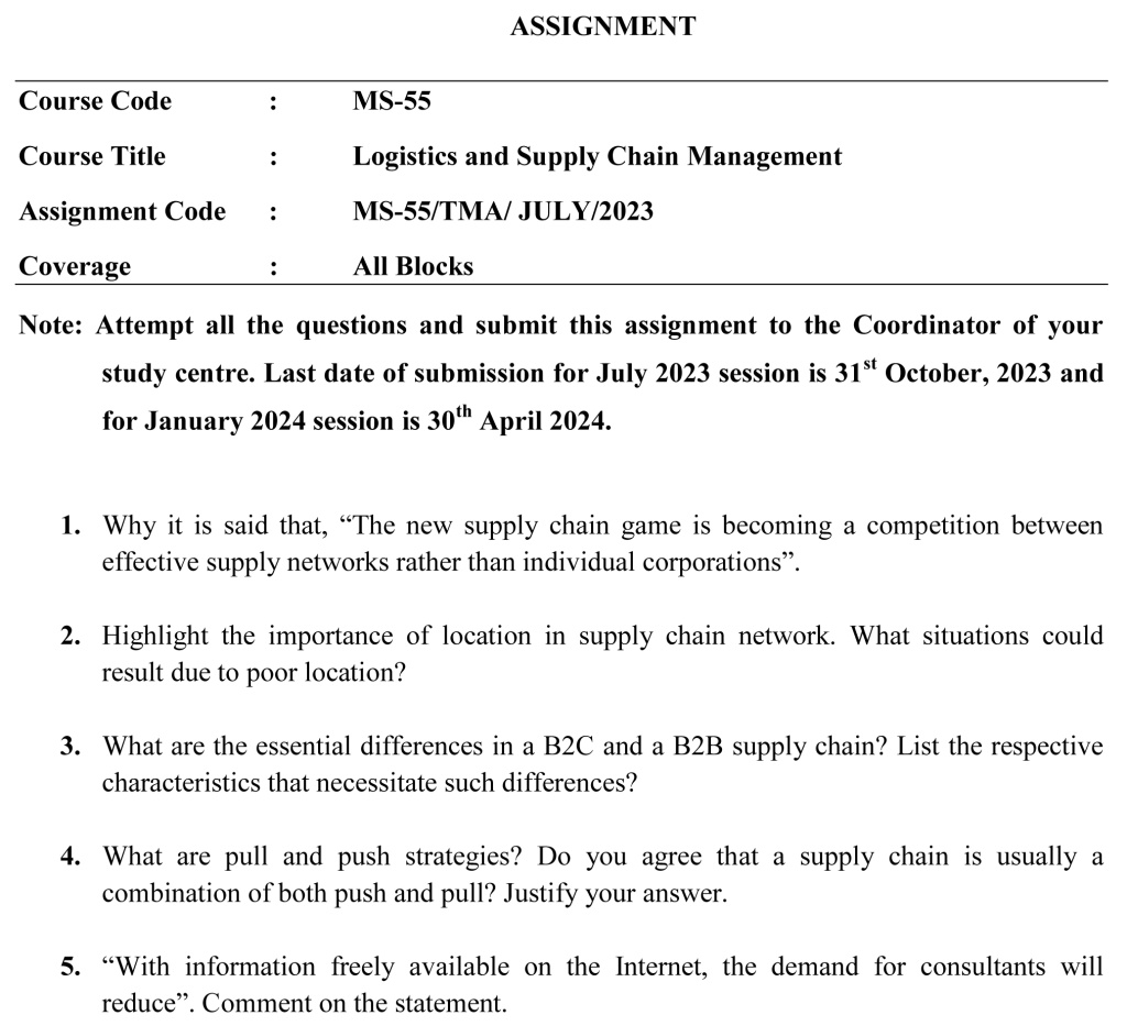 IGNOU MS-55 - Logistics and Supply Chain Management Latest Solved Assignment-July 2023 - January 2024