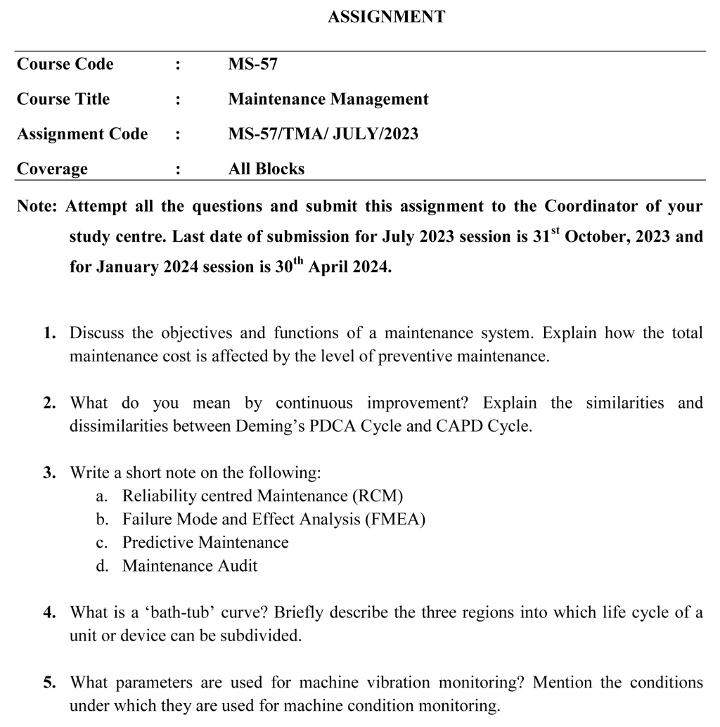 IGNOU MS-57 - Maintenance Management Latest Solved Assignment-July 2023 - January 2024