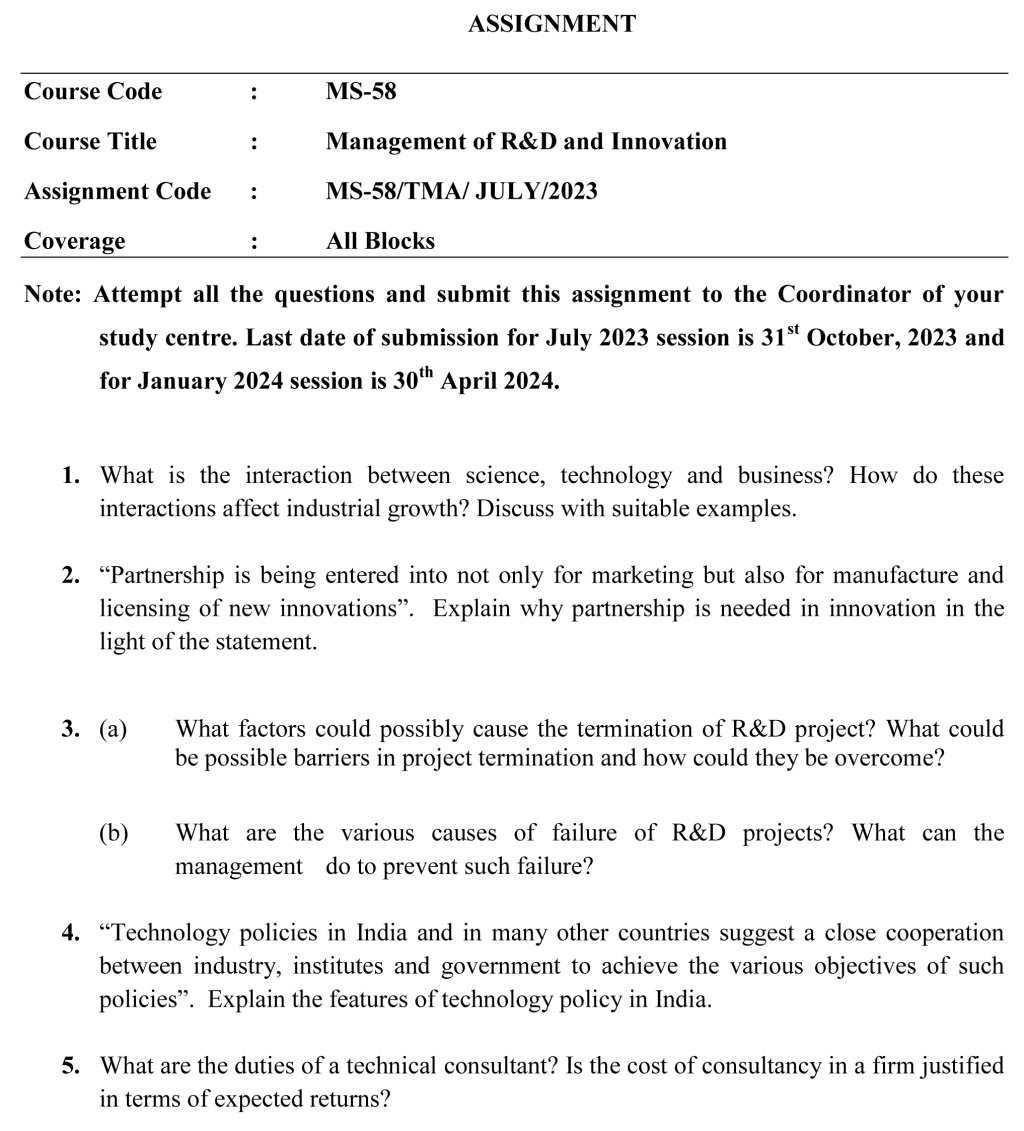 IGNOU MS-58 - Management of R&D and Innovation Latest Solved Assignment-July 2023 - January 2024