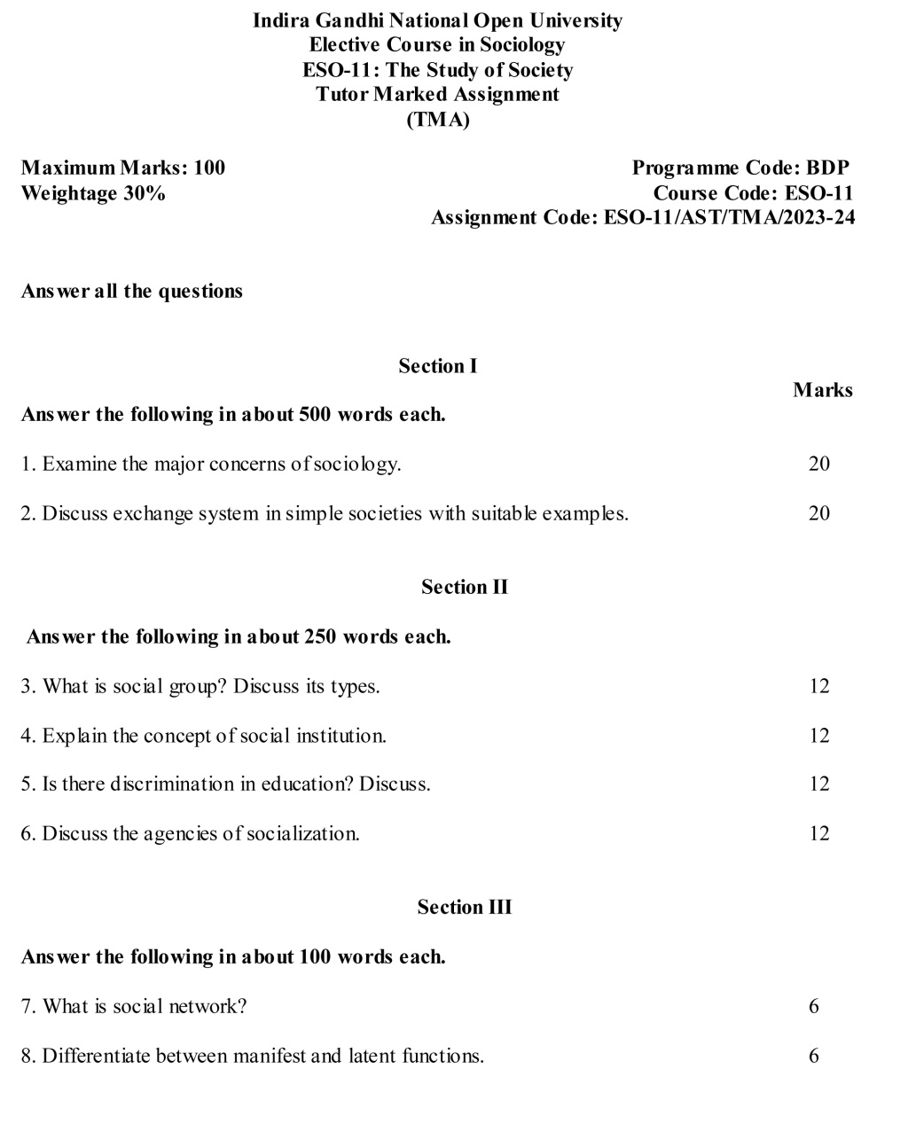 IGNOU ESO-01/11 - The Study of Society, Latest Solved Assignment-July 2023 - January 2024