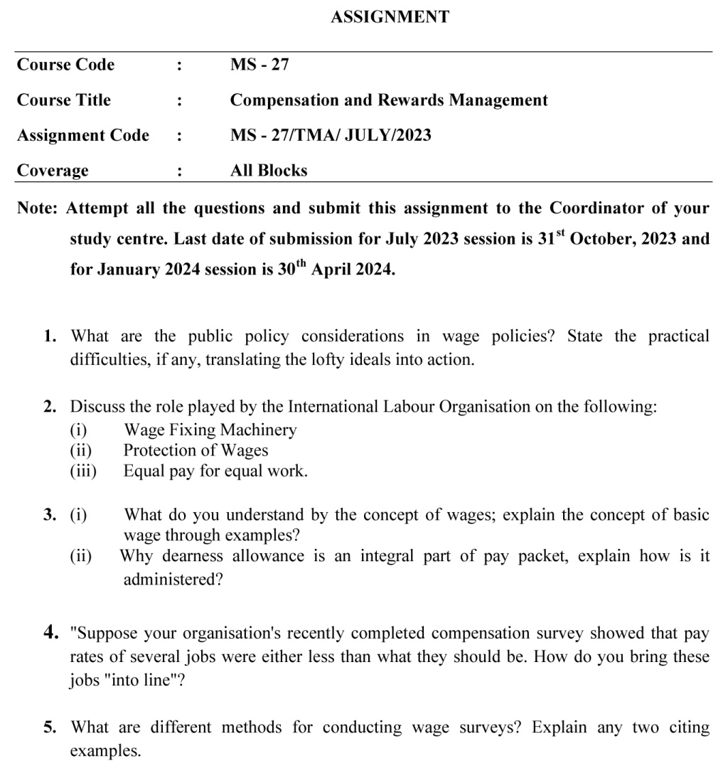 IGNOU MS-27 - Wage and Salary Administration Latest Solved Assignment-July 2023 - January 2024