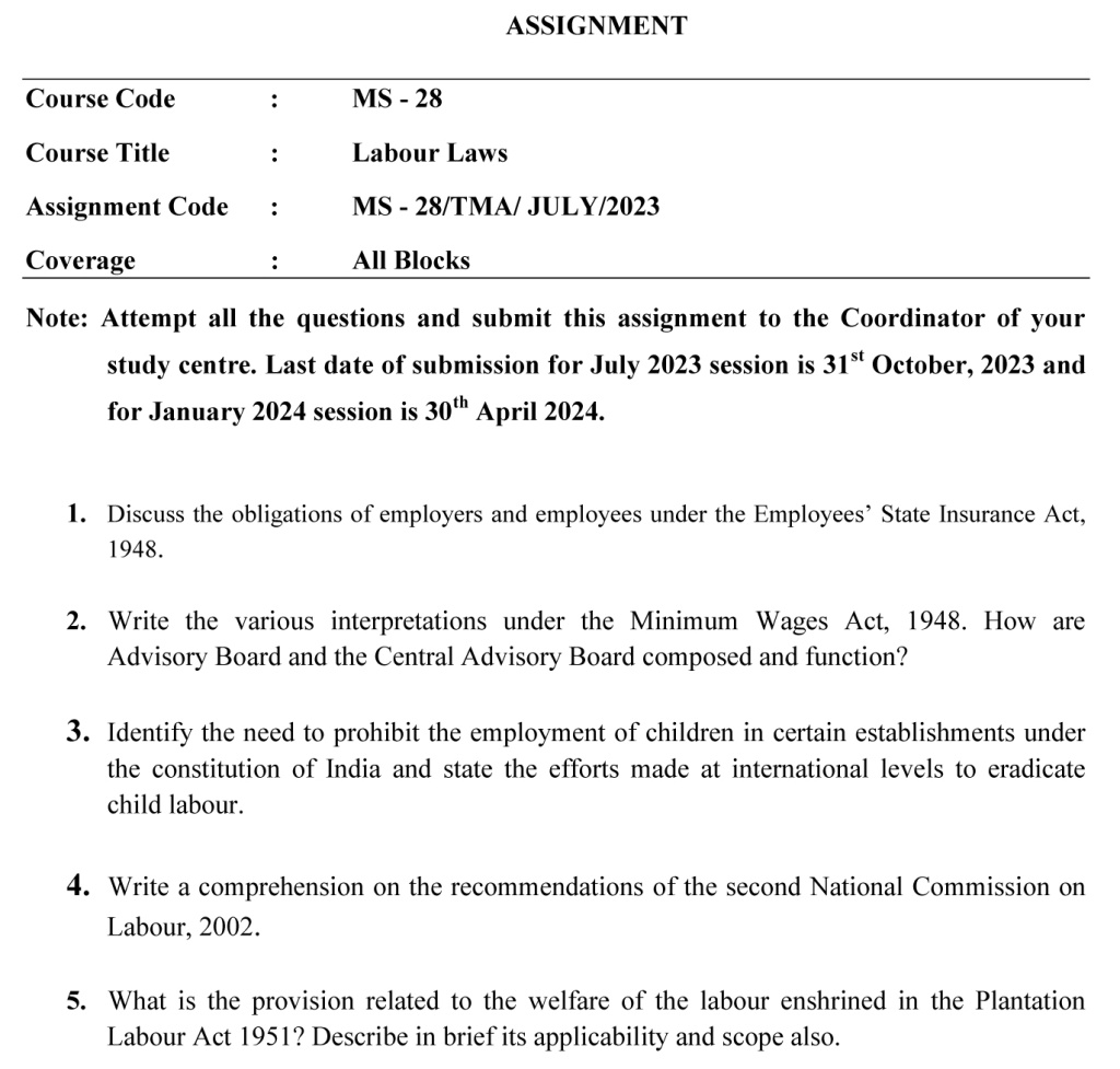 IGNOU MS-28 - Labour Laws Latest Solved Assignment-July 2023 - January 2024