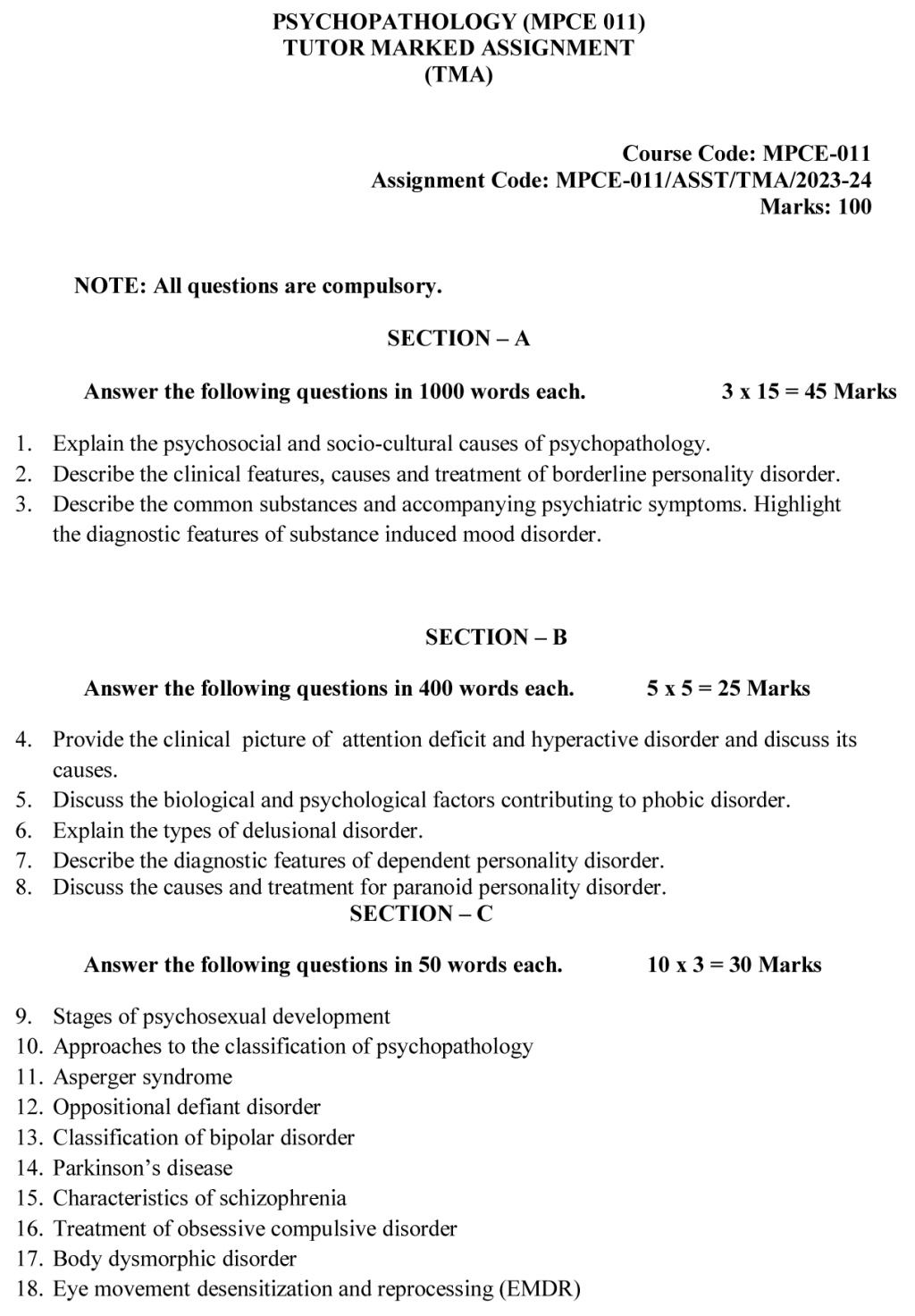 IGNOU MPCE-11 - Psychopathology Latest Solved Assignment-July 2023 - January 2024