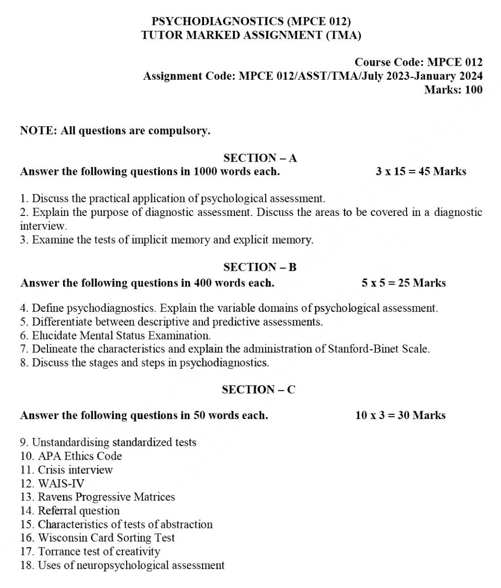 IGNOU MPCE-12 - Psychodiagnostics Latest Solved Assignment-July 2023 - January 2024