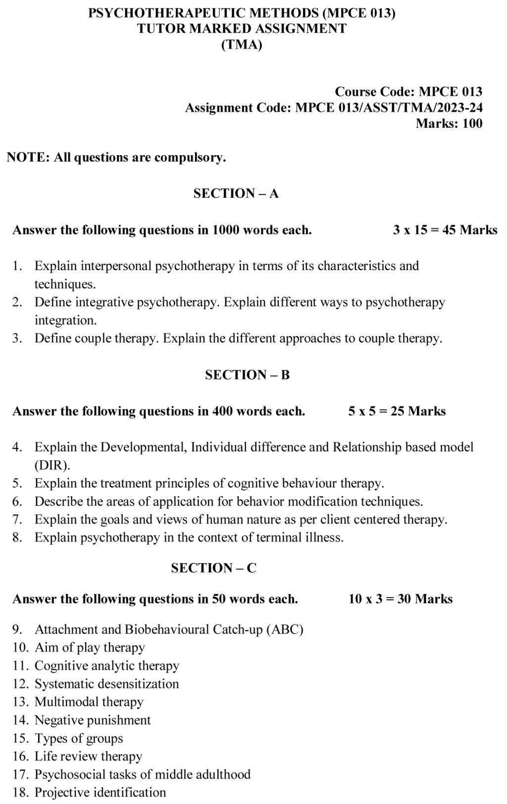 IGNOU MPCE-13 - Psychotherapeutic methods Latest Solved Assignment-July 2023 - January 2024