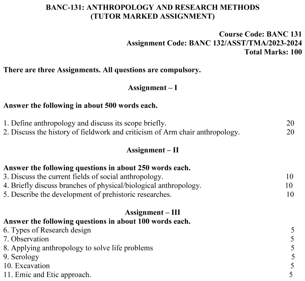 IGNOU BANC-131 - Anthropology and Research Methods, Latest Solved Assignment-July 2023 - January 2024