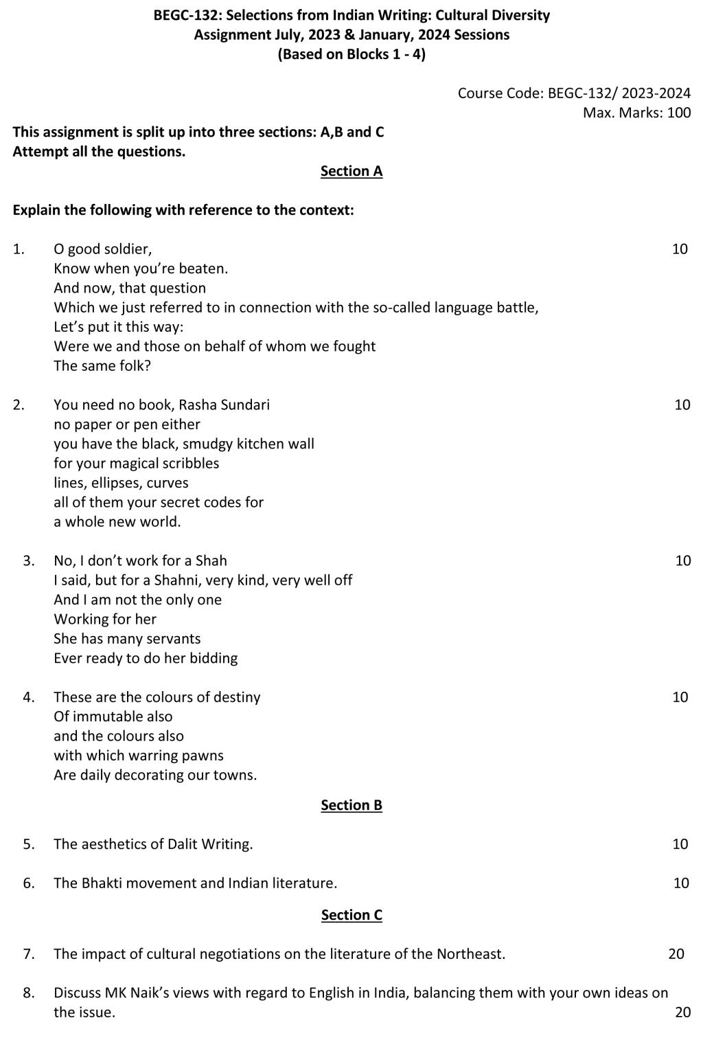 IGNOU BEGC-132 - Selections from Indian Writing: Cultural Diversity, Latest Solved Assignment-July 2023 - January 2024