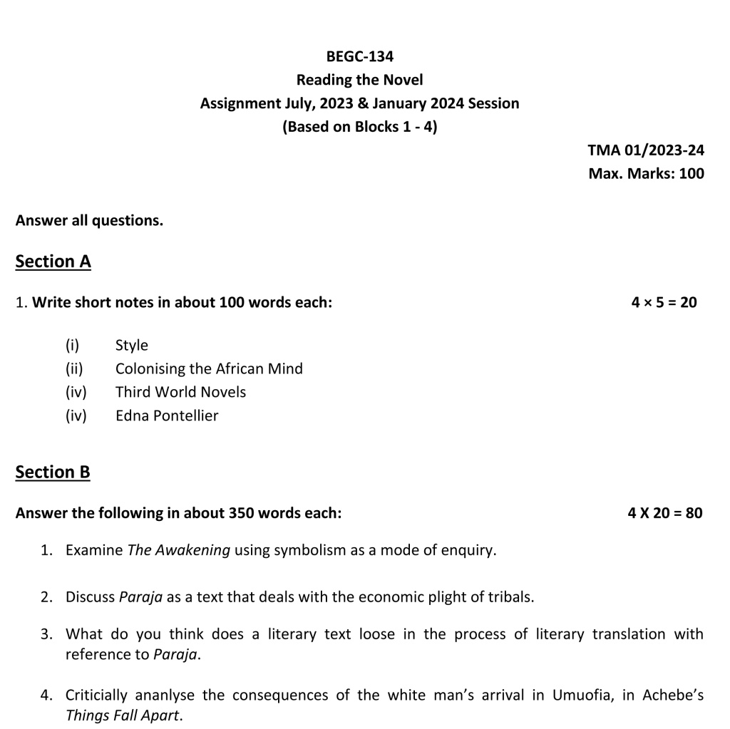 IGNOU BEGC-134 - Reading the Novel, Latest Solved Assignment-July 2023 - January 2024