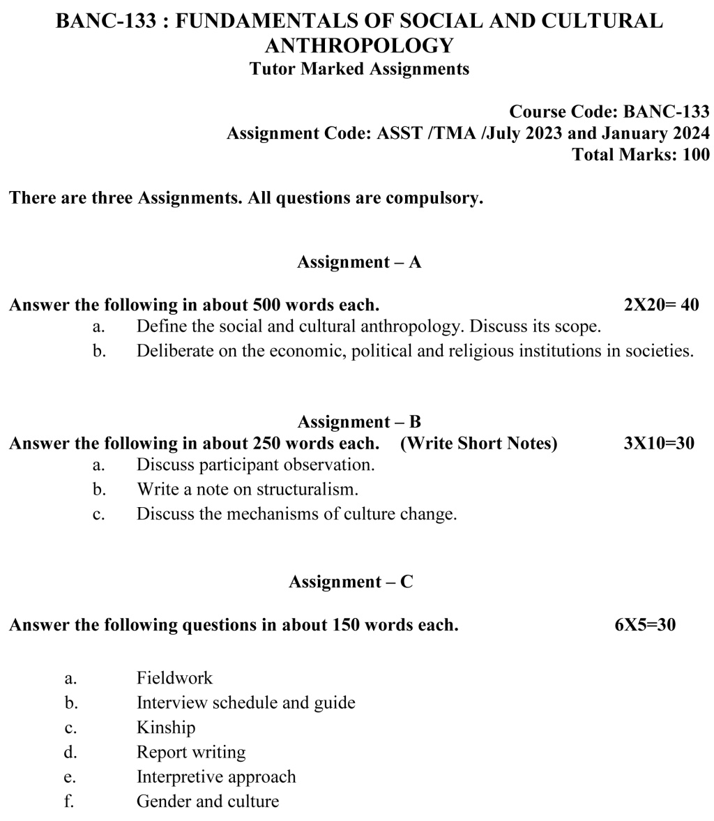 IGNOU BANC-133 - Fundamentals of Social and Cultural Anthropology, Latest Solved Assignment-July 2023 - January 2024