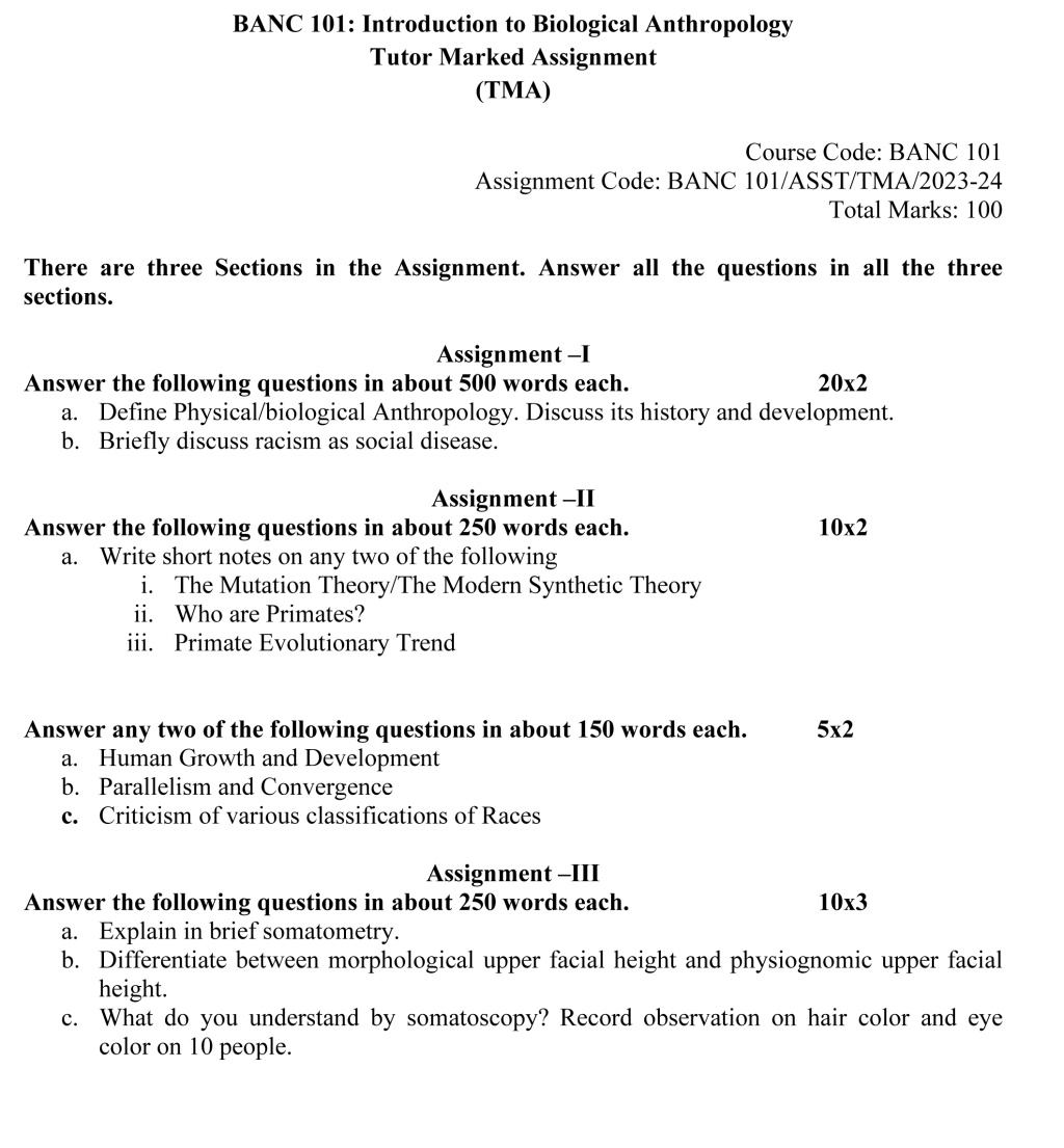 IGNOU BANC-101 - Introduction to Biological Anthropology, Latest Solved Assignment-July 2023 - January 2024