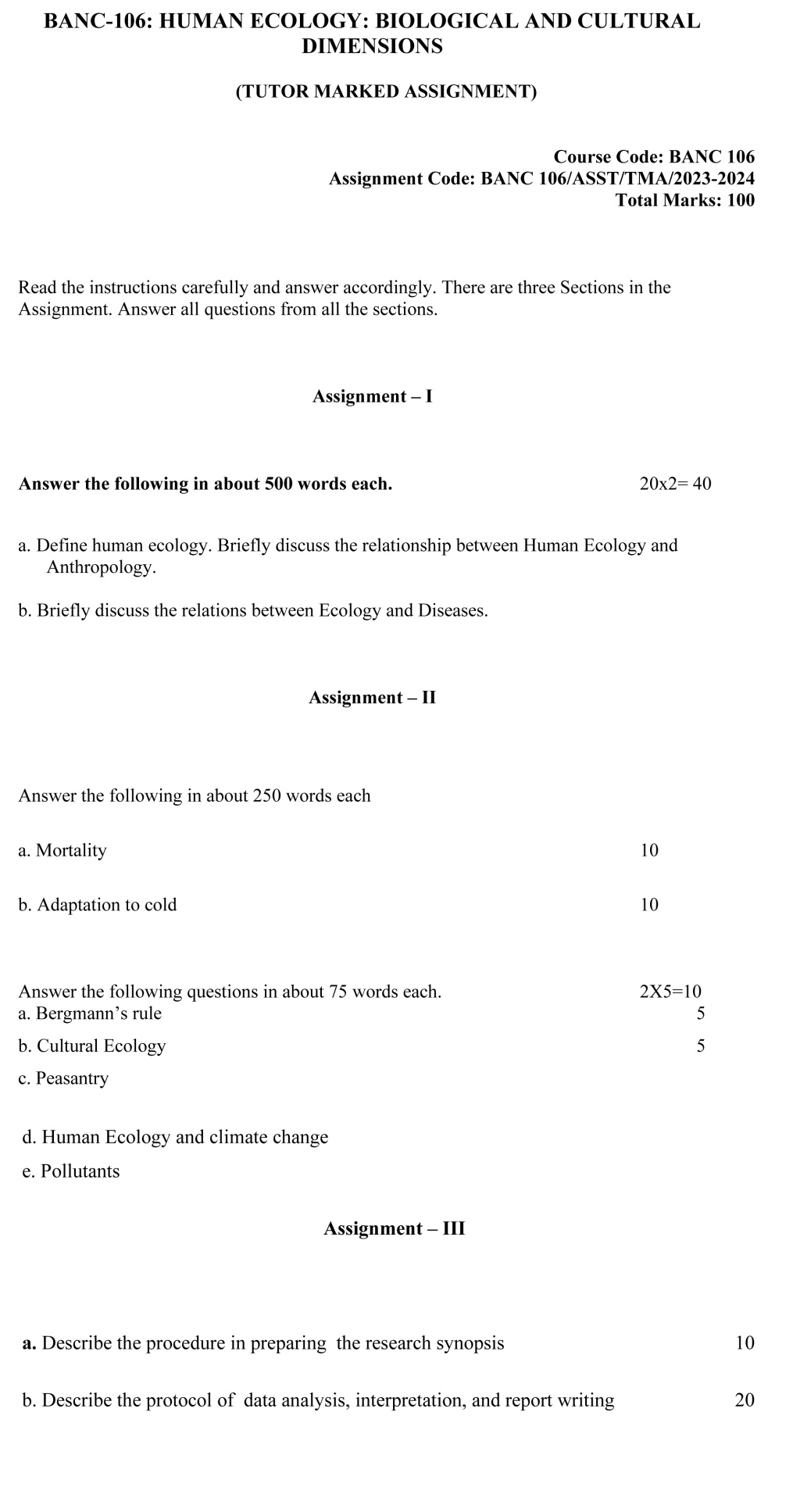 IGNOU BANC-106 - Human Ecology: Biological and Cultural Dimensions, Latest Solved Assignment-July 2023 - January 2024