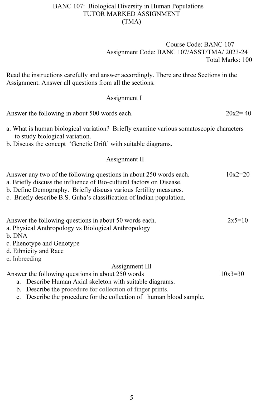 IGNOU BANC-107 - Biological Diversity in Human Populations, Latest Solved Assignment -July 2023 - January 2024