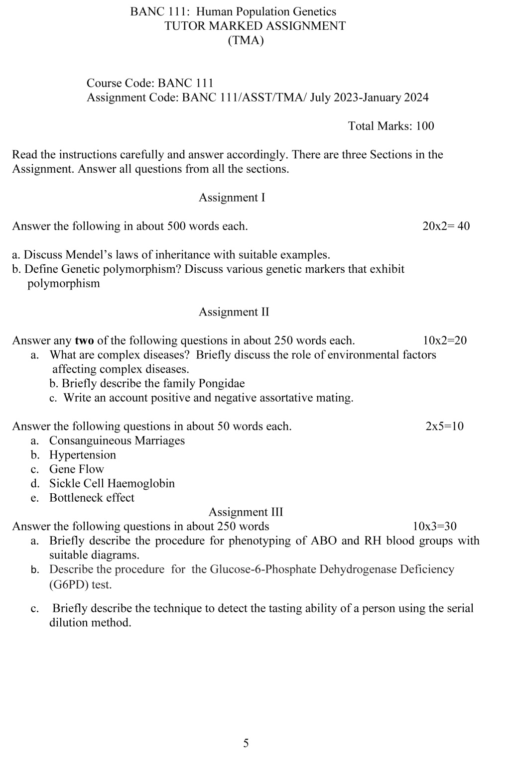 IGNOU BANC-111 - Human Population Genetics, Latest Solved Assignment-July 2023 - January 2024
