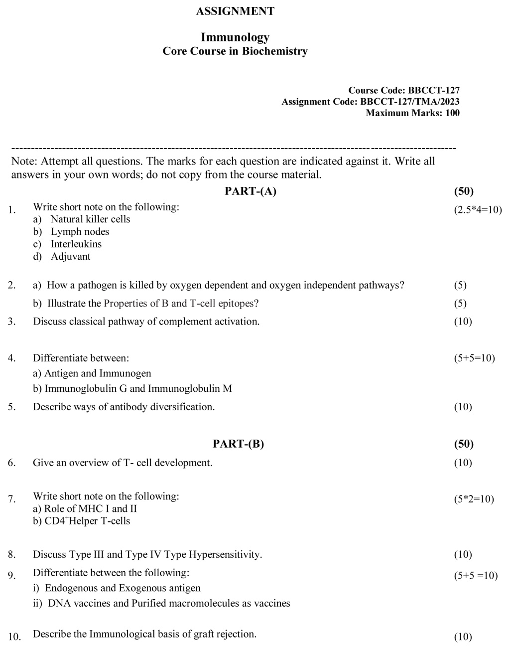 IGNOU BBCCT-127 - Immunology Latest Solved Assignment-January 2023 - December 2023