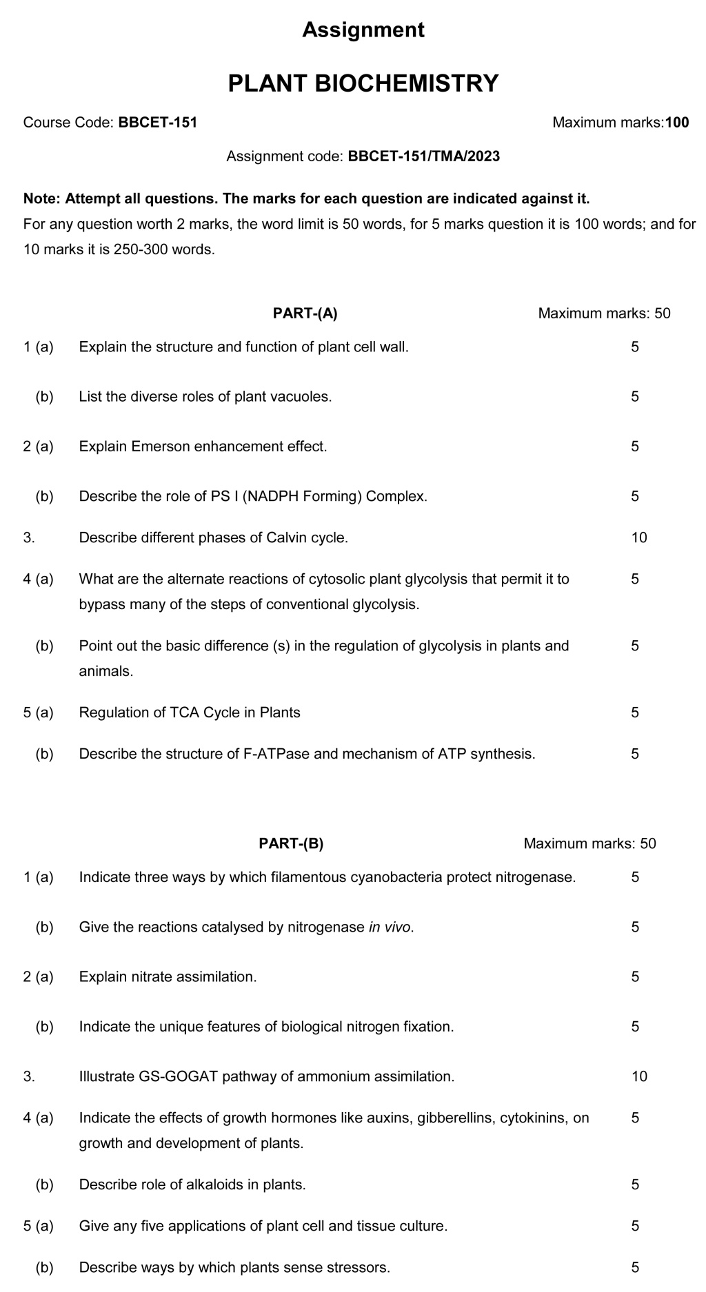 IGNOU BBCET-151 - Plant Biochemistry Latest Solved Assignment-January 2023 - December 2023