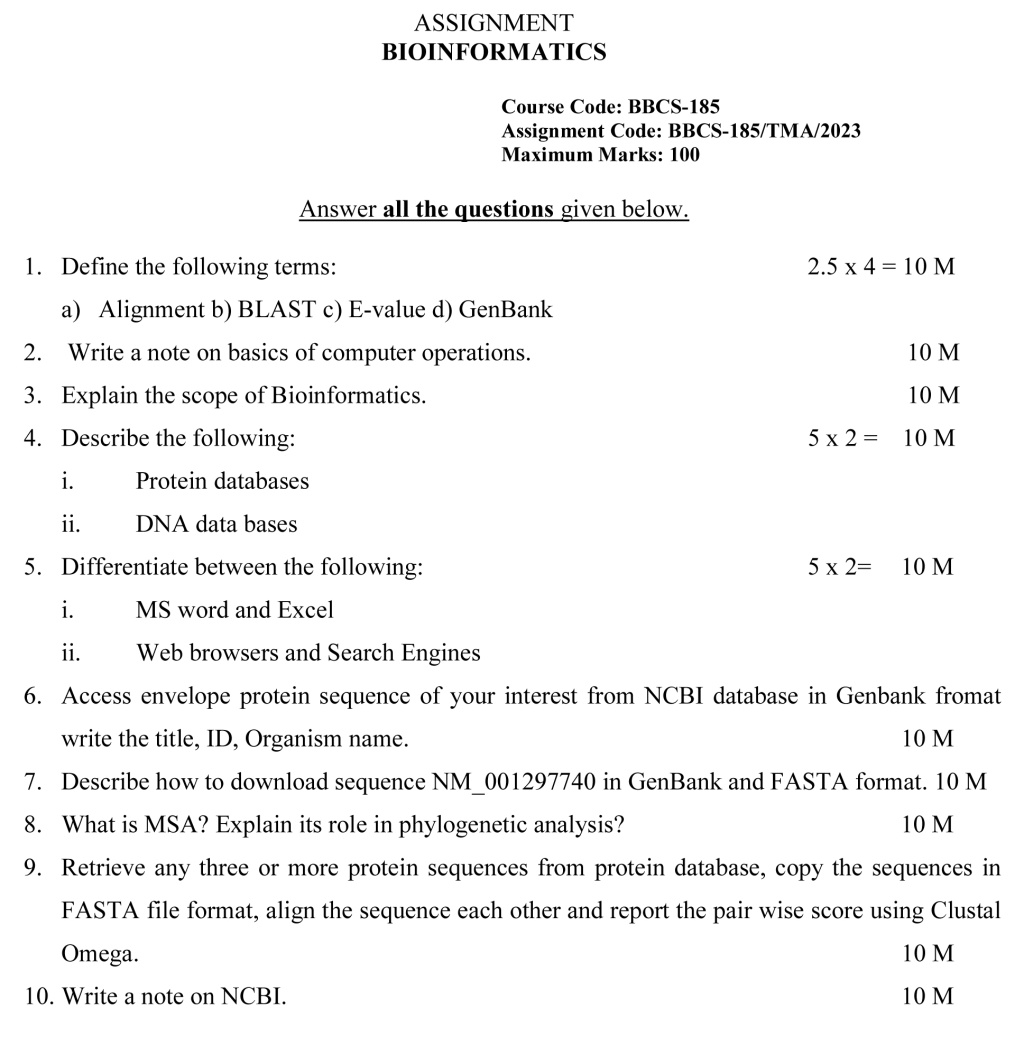 IGNOU BBCS-185 - Bioinformatics Latest Solved Assignment -January 2023 - December 2023