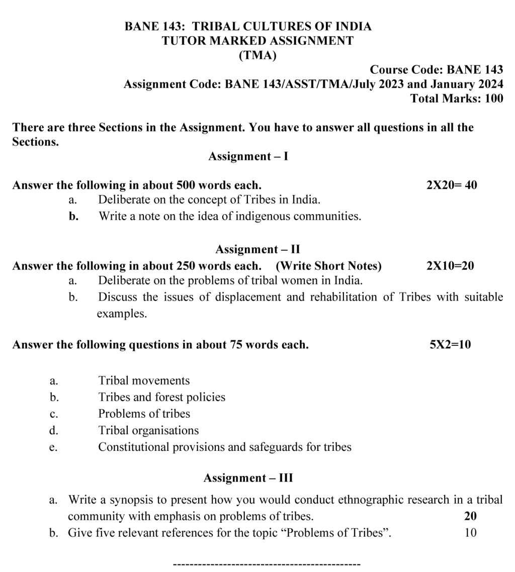 IGNOU BANE-143  - Tribal Cultures of India, Latest Solved Assignment -July 2023 - January 2024