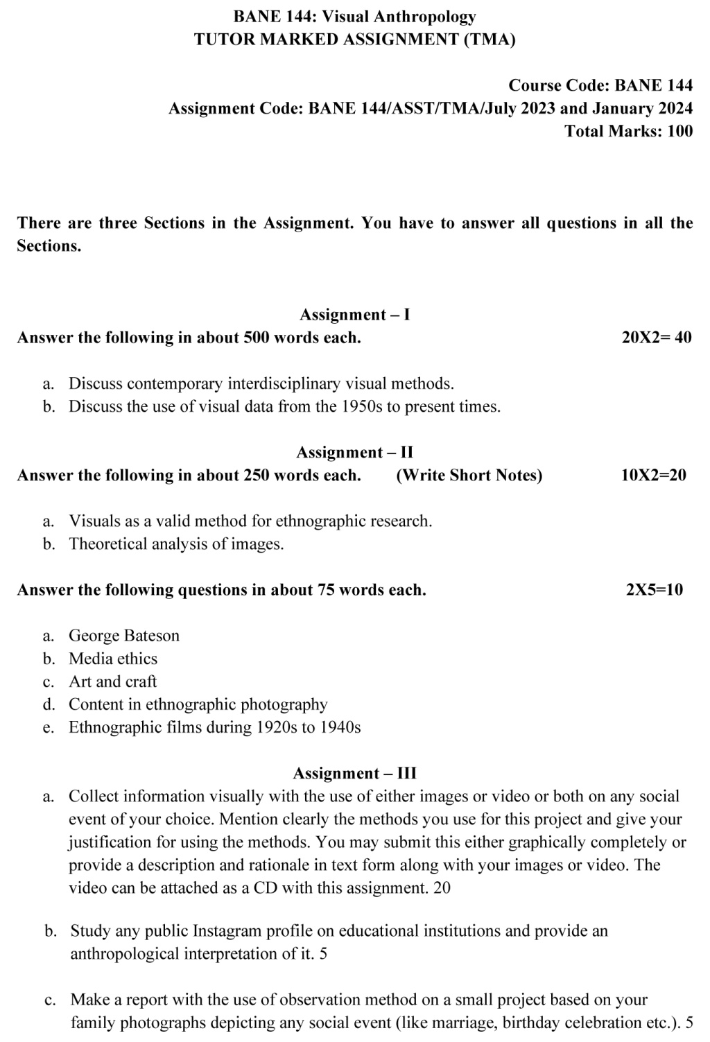 IGNOU BANE-144 - Visual Anthropology Latest Solved Assignment-July 2023 - January 2024
