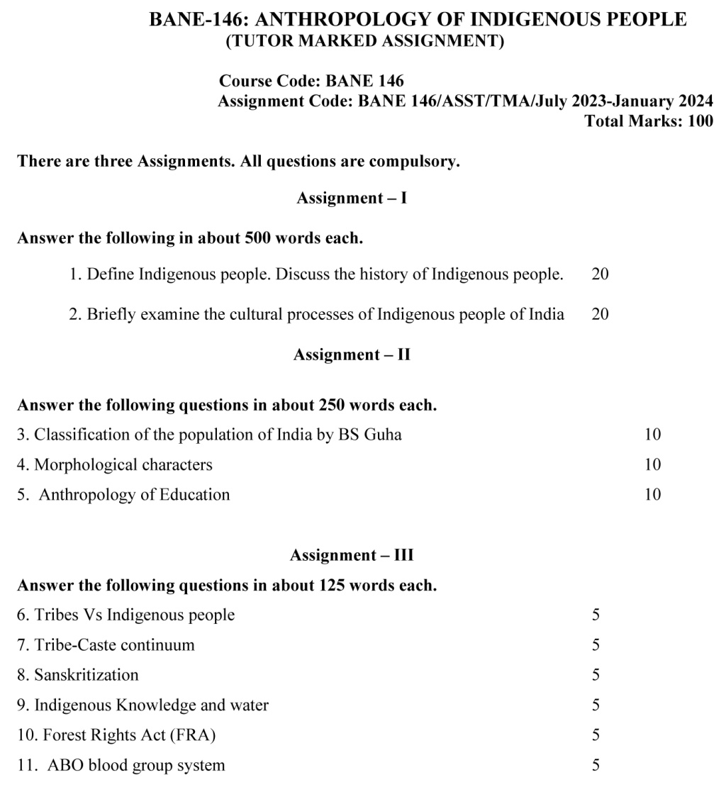 IGNOU BANE-146 - Anthropology of Indigenous People, Latest Solved Assignment-July 2023 - January 2024