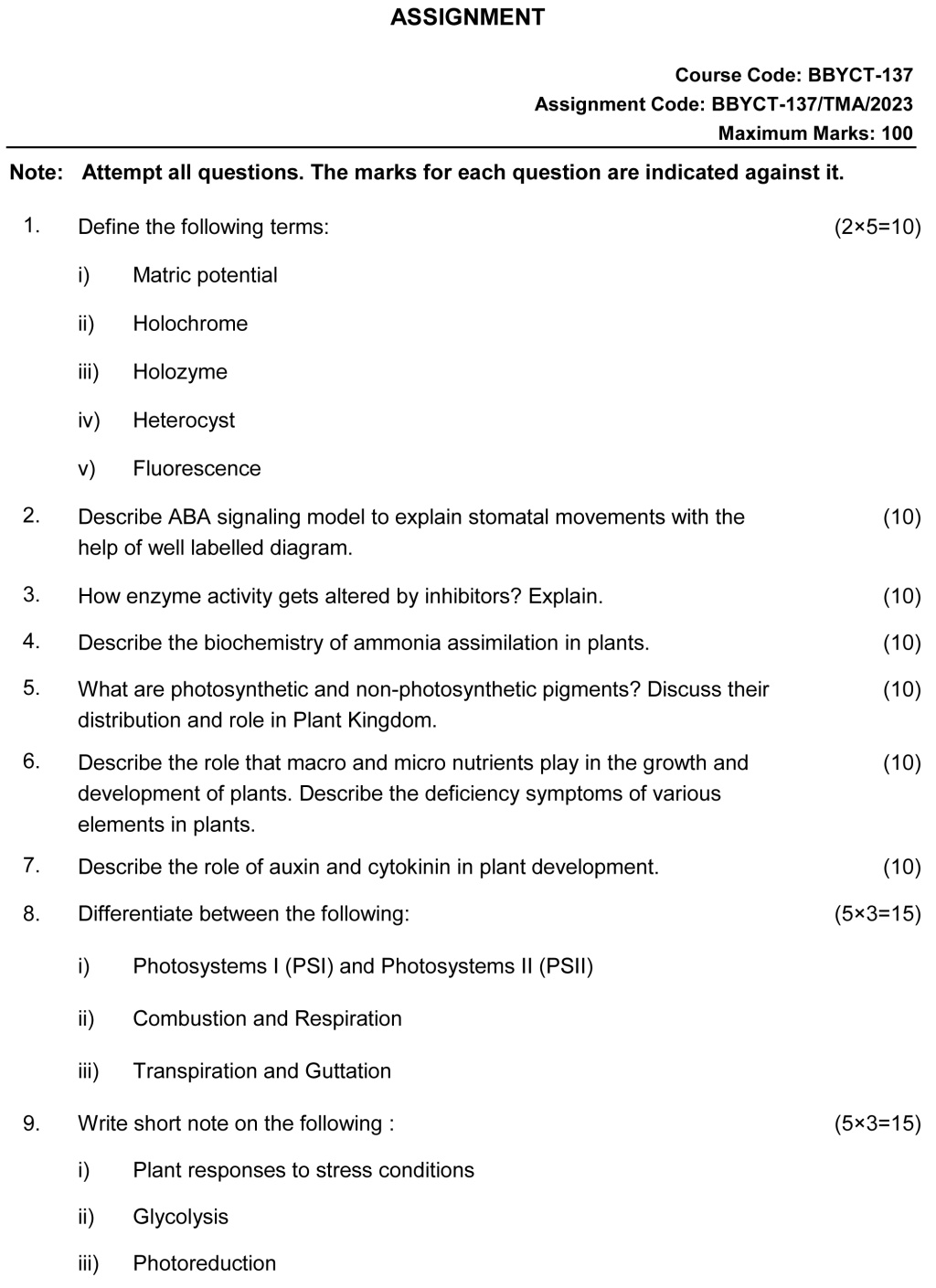 IGNOU BBYCT-137 - Plant Physiology and Metabolism, Latest Solved Assignment-January 2023 - December 2023