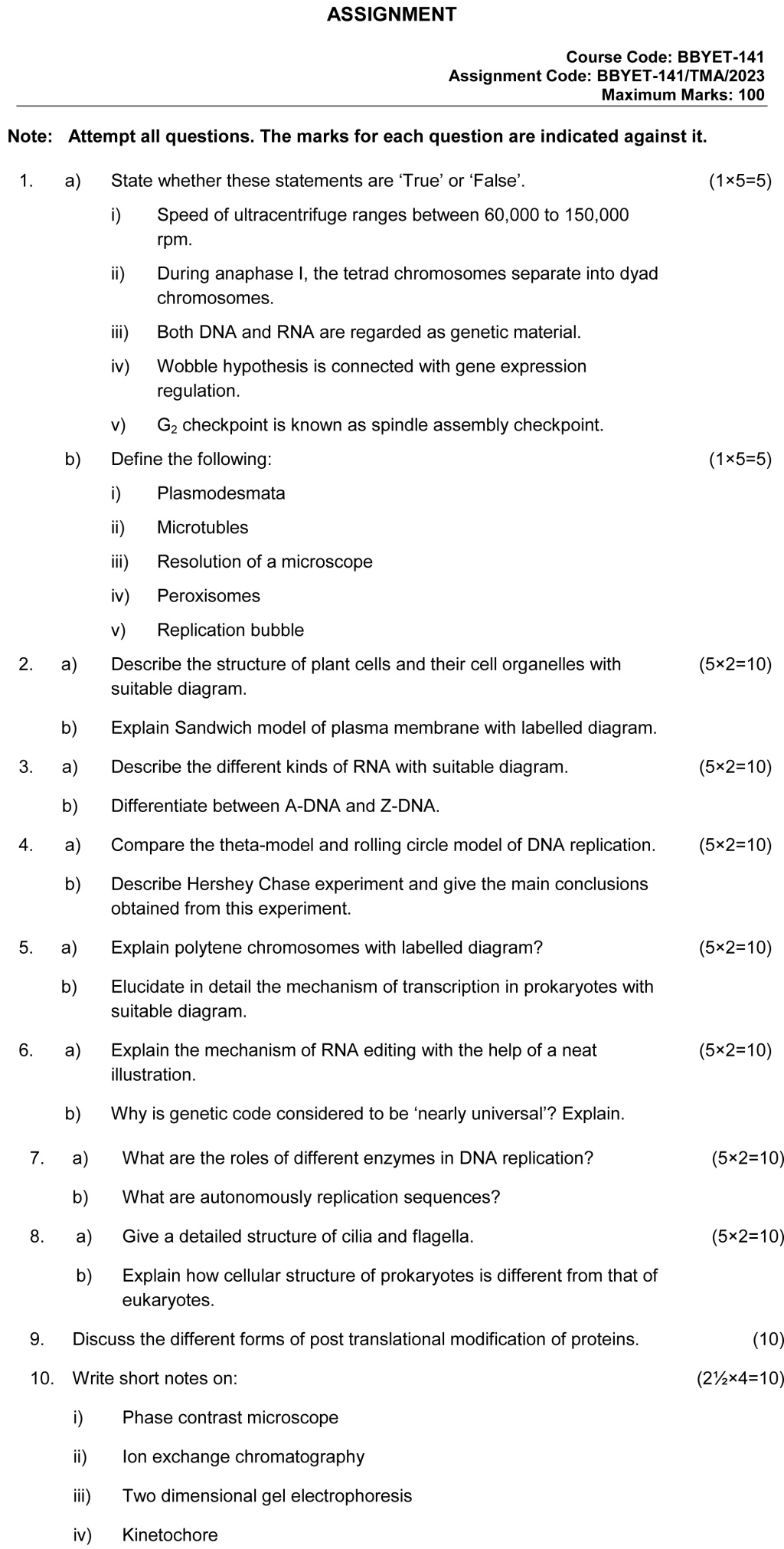 IGNOU BBYET-141 - Cell and Molecular Biology, Latest Solved Assignment-January 2023 - December 2023